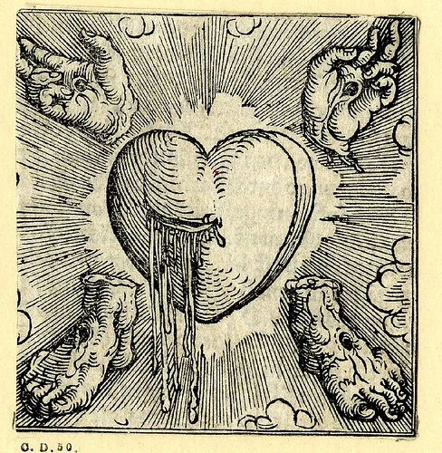 The Holy Heart of Jesus and the Five Wounds of Christ's Love (1521), a woodcut by Sigmund Grimm 