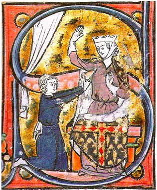 Miniature (capital S) from a manuscript of the Roman de la poire. This is the earliest known visual depiction of a lover handing his heart to his mistress. The heart is in the shape of a pine-cone (point upward), in accord with anatomical descriptions of the human heart at the time.